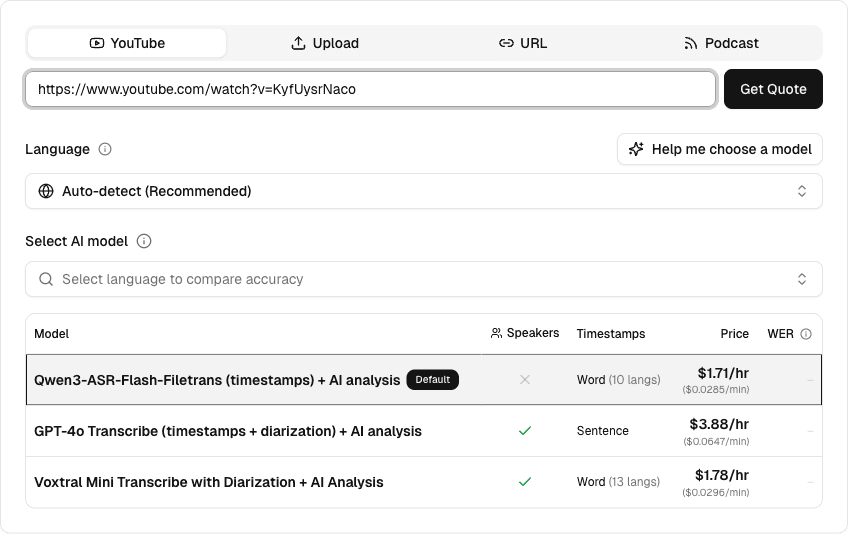Paste a YouTube URL and pick the best speech-to-text model for your language