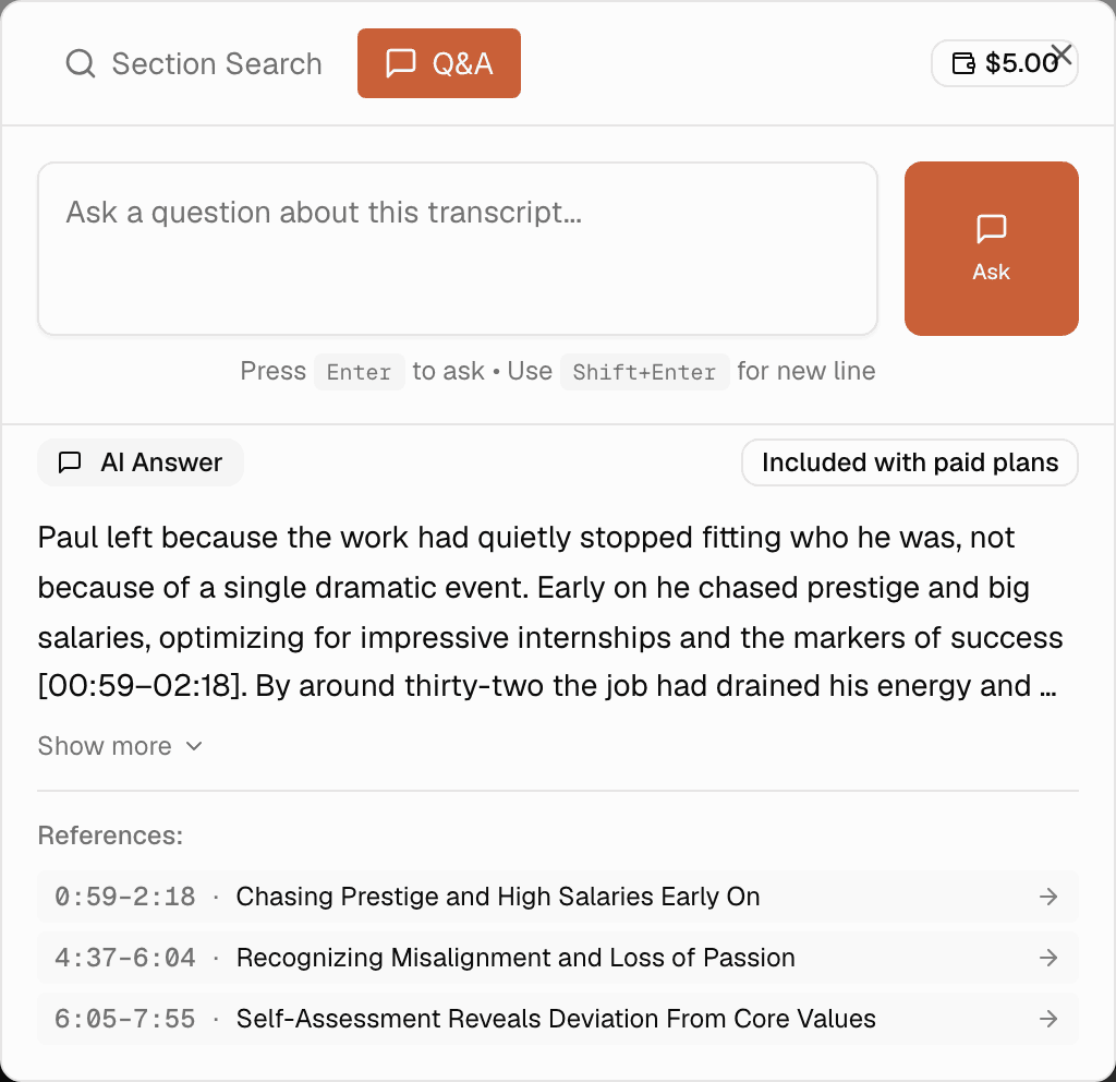 AI Q&A answer with inline timestamps and cited topic cards